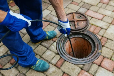 Plumber cleaning an outdoor sewer drain in Stuart