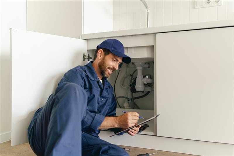 Residential plumber reviewing plumbing repairs in a Stuart kitchen