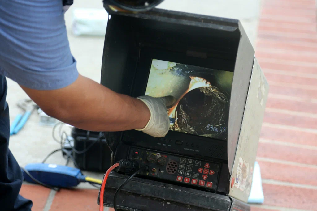 Technician viewing a drain inspection camera in Stuart